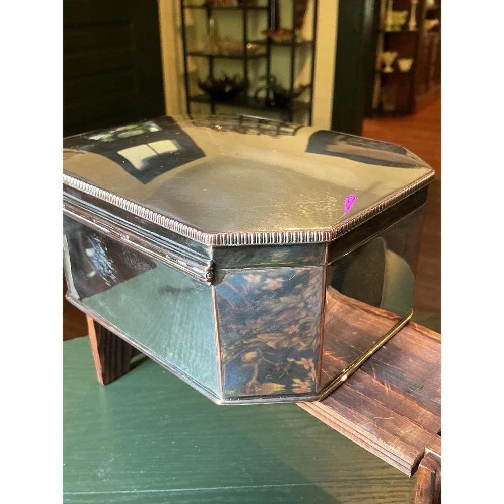 Vintage Silver Over Copper Octagonal Trinket Box Hinged Biscuit Jewelry Case